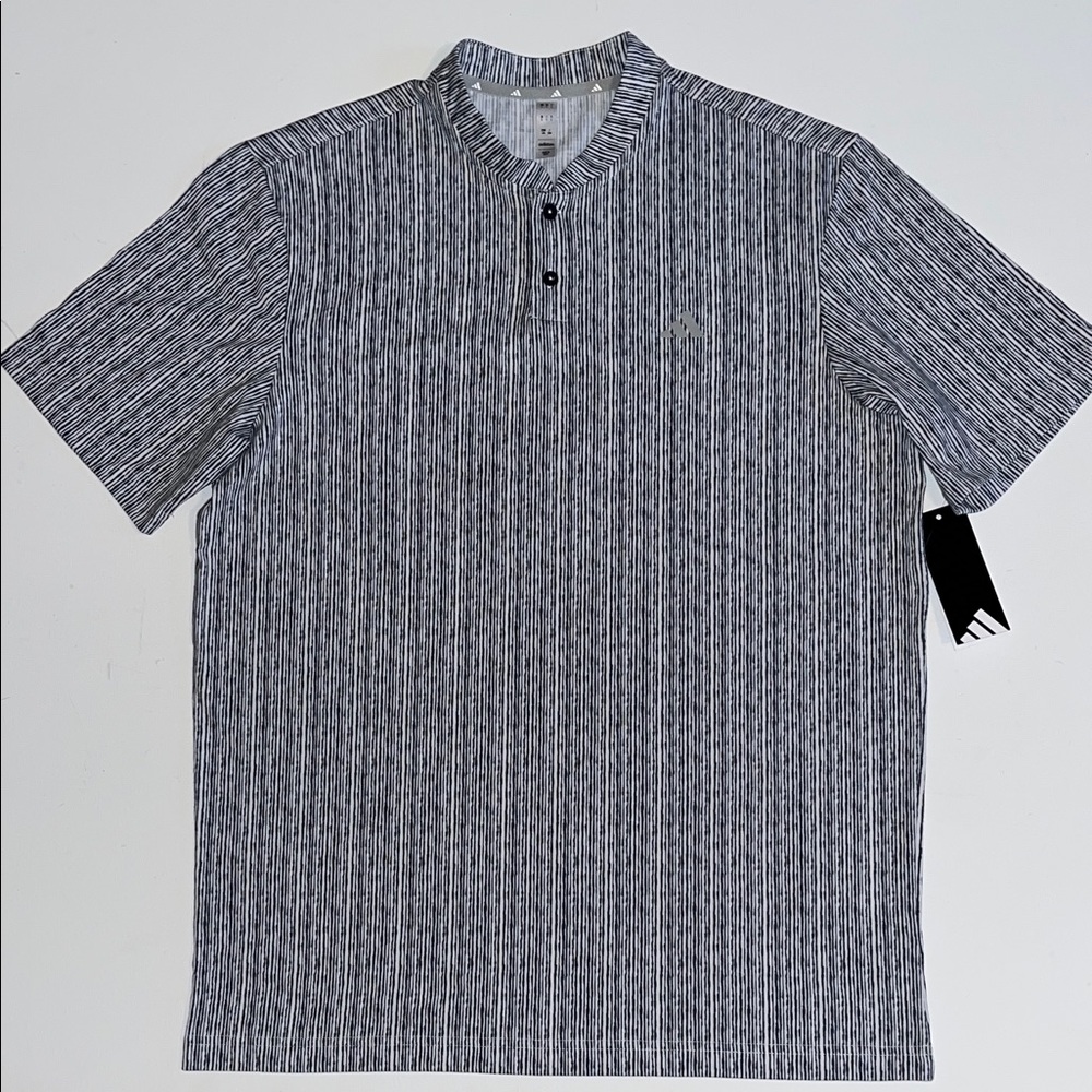 Adidas  Henley Golf Blade Polo Shirt Mens L Navy White Striped poly cotton  $65